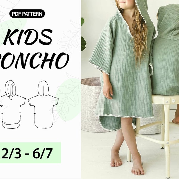 Kids Poncho Pattern|Kids Poncho|muslin poncho|surf poncho|Bath poncho|Beach poncho|easy wearable|Towel|PDF A4|Instant download| 2/3 - 6/7