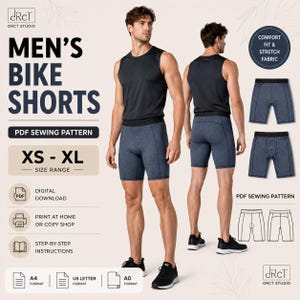 May include: A PDF sewing pattern for bike shorts in sizes XS to XL, featuring a digital download for home or copy shop printing. The design includes step-by-step instructions, A4, US letter, and A0 formats, showcasing a dark blue pair of shorts.
