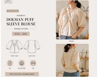 PDF Sewing Pattern | Women's Dolman Puff Sleeve Blouse | XXS-6XL | A4 A0 US Letter | Digital Download