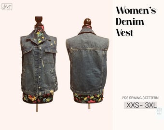 Women’s Denim Vest Sewing Pattern | XXS–3XL | A4 / A0 / Letter | Digital Download