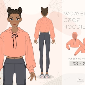 Patrón de costura de sudadera corta con capucha para mujer, A4, A0, XS a XL, PDF digital