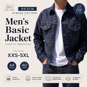 Op de afbeelding: Een donkerblauw spijkerjack met een kraag, knoopsluiting aan de voorzijde en twee borstzakken. De afbeelding bevat de tekst: DRCT STUDIO, DENIM SEWING PATTERN, Men's Basic Jacket, CLASSIC FIT, TIMELESS STYLE, SIZE RANGE XXS-5XL, A4 FORMAT, AO FORMAT.