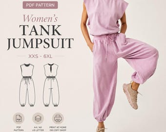 Women's Tank Jumpsuit Sewing Pattern: Relaxed Fit Romper (XXS-6XL) (Digital PDF)