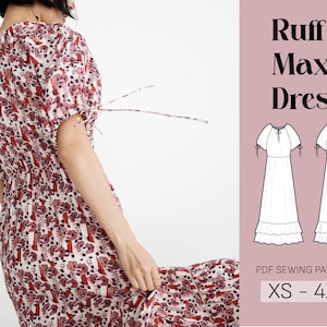 A4,A0 | Ruffle Maxi Dress Sewing Pattern | XS-4XL | Digital PDF