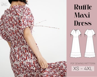 A4,A0 | Ruffle Maxi Dress Sewing Pattern | XS-4XL | Digital PDF