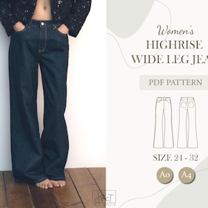 A4, A0 | Women&#39;s Highrise Wide Leg Jean Sewing Pattern | 24 - 32 | Digital PDF