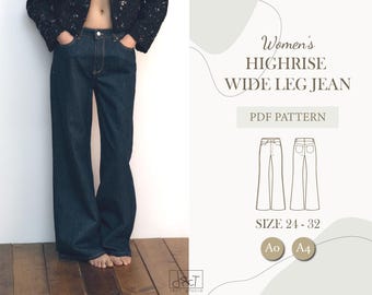 Women’s High-Rise Wide Leg Jeans | PDF Pattern | Sizes 24–32 | A4 A0