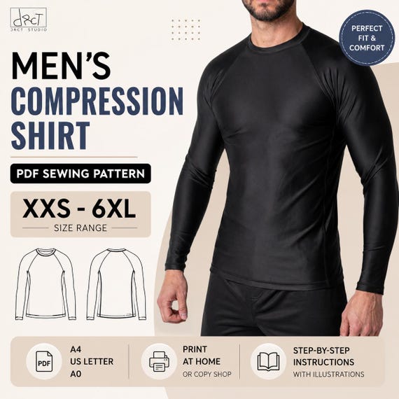Men's Compression Shirt PDF Sewing Pattern | Rash Guard Top | XXS-6XL | A4 A0 US Letter | Digital Download