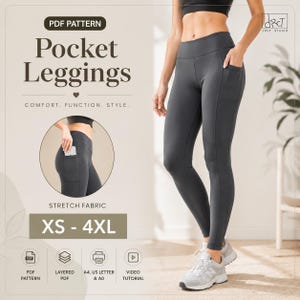 以下が含まれることがあります： ポケット付きレギンスのデジタルPDFパターン。Pocket Leggings、Comfort、Function、Style、XS-4XLの文字が記載されています。画像には、サイドポケットとハイウエストを備えたダークグレーのレギンスと、背面図を示す円形のインセットが表示されています。