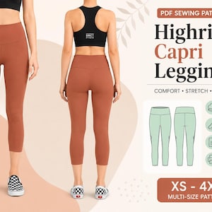 May include: A PDF sewing pattern for highrise capri leggings in sizes XS to 4XL. The image displays the leggings in a solid rust color on a model from front and back views, alongside technical line drawings and text labels for print formats.