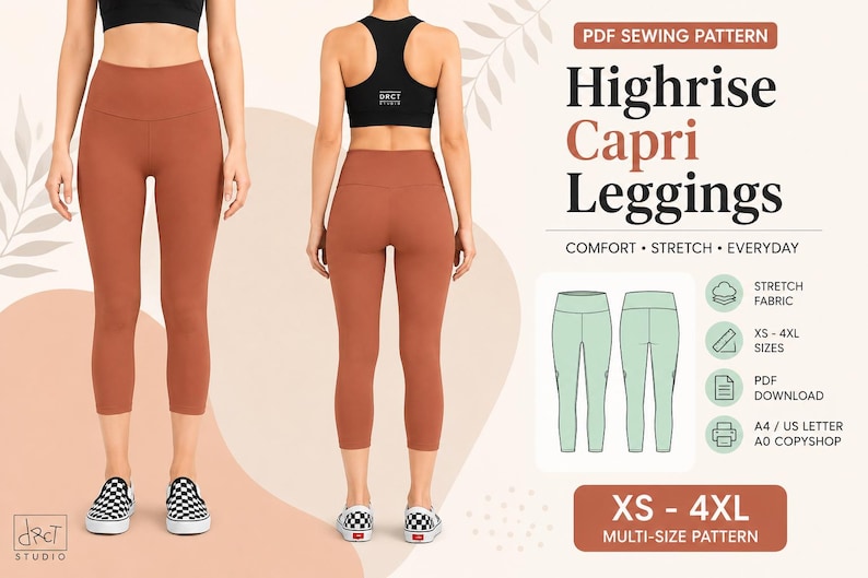 May include: A PDF sewing pattern for highrise capri leggings in sizes XS to 4XL. The image displays the leggings in a solid rust color on a model from front and back views, alongside technical line drawings and text labels for print formats.