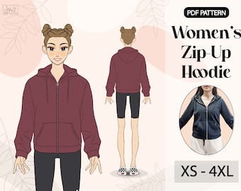 Women's Relaxed Fit Zip-Up Hoodie Sewing Pattern (XS-4XL) (PDF Download A4/A0/Letter Size)