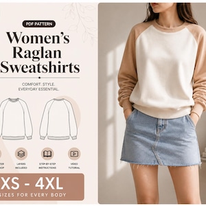 May include: A PDF pattern for a raglan sweatshirt featuring a two-tone design with a cream-coloured body and tan sleeves. The graphic includes technical line drawings of the front and back of the garment, text labels, and a size range of XS to 4XL.