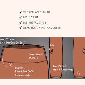 May include: A technical illustration of rust-colored leggings featuring a double-layered waistband with 1/4 inch encased elastic, 1/8 inch edge stitching, and decorative flatlock or zigzag stitching. The hem shows a 3/4 inch fold with 5/8 inch flatlock stitch.