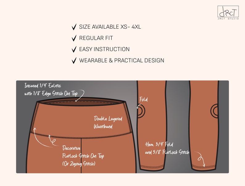 May include: A technical illustration of rust-colored leggings featuring a double-layered waistband with 1/4 inch encased elastic, 1/8 inch edge stitching, and decorative flatlock or zigzag stitching. The hem shows a 3/4 inch fold with 5/8 inch flatlock stitch.