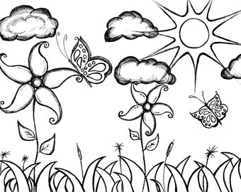 Flower Butterfly Grass & Sun Coloring Page