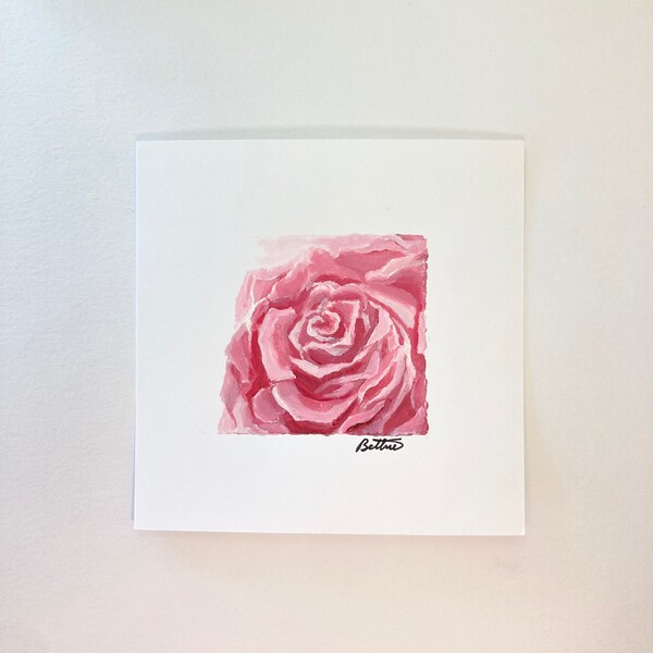 Unique Pink Rose Painting, Original Acrylic Artwork, Hand-painted Rose, Signed by Artist, 4x4 Miniature Wall Hanging, Mini Acrylic Painting