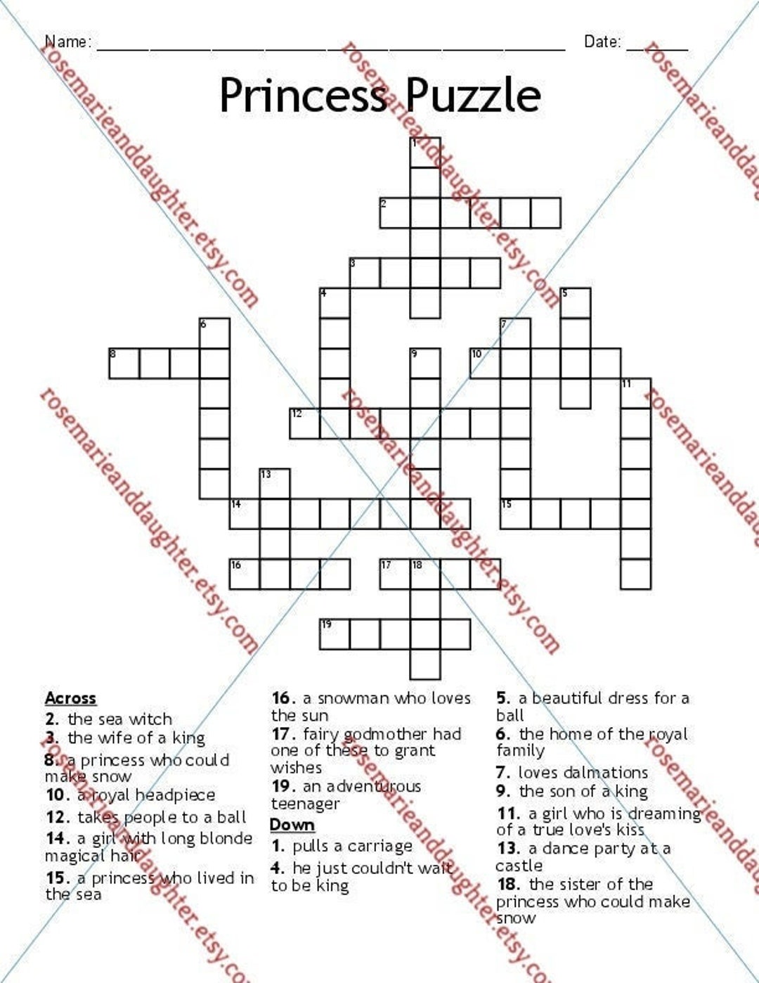 Princess Puzzle - Crossword and Word Search Puzzle Set, Download - Etsy