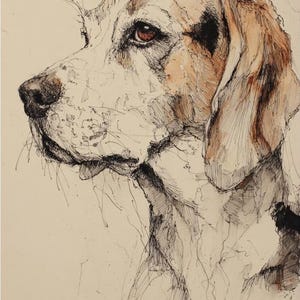 May include: Pen and ink drawing of a dog's profile. The artwork depicts a beagle with brown and white fur, brown eyes, and long, floppy ears. The drawing style is loose and expressive, with visible linework.