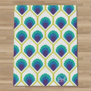 May include: A rectangular, patterned textile featuring a repeating design of peacock feather-like shapes. The design incorporates shades of teal, blue, and purple, set against a white background, with a lime green hexagonal outline. The text "Pixel Crochet" is in the lower right corner.