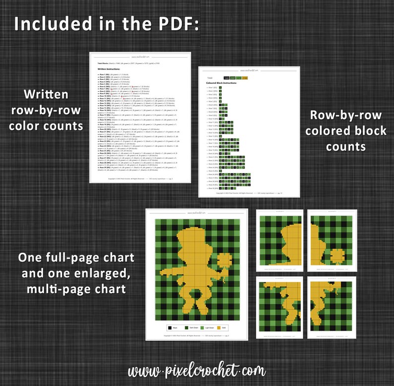 May include: A digital download of a pixel crochet pattern for a leprechaun. The pattern includes a full-page chart and a multi-page enlarged chart. The pattern is available in black, dark green, light green, and gold.