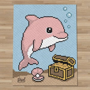 May include: A pixel art blanket featuring a light pink dolphin swimming in light blue water with bubbles above. Below the dolphin, a brown treasure chest filled with gold and an open pink clam shell with a white pearl are on a sandy brown floor.