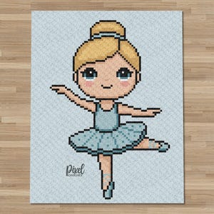 May include: A pixel art style crochet pattern featuring a blonde ballerina with a bun, wearing a light blue leotard and a matching tutu. The character has large dark eyes and rosy cheeks, set against a light blue background with the text Pixel Crochet.