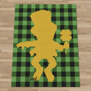 May include: A pixel art pattern of a leprechaun holding a four-leaf clover, on a green and black checkered background.