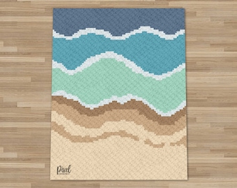 May include: A crochet pattern featuring a beach scene with blue, green, and brown waves and sand. The pattern is made with different shades of yarn to create a realistic look. The pattern is titled "Pixel Crochet".