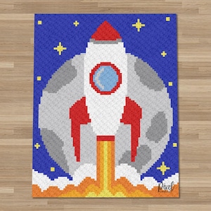 May include: A colorful, pixelated image of a rocket ship blasting off into space. The rocket is white with red accents and a blue porthole, set against a backdrop of a gray moon, blue sky, and yellow stars. The rocket's flames are orange and yellow.