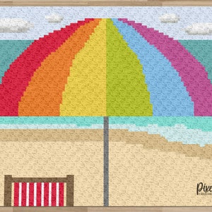 May include: A pixel art crochet pattern of a rainbow beach umbrella with a beach chair in the foreground. The pattern is on a beige background with the text "Pixel Crochet" in the bottom right corner.