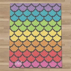 May include: A rainbow crochet pattern with a repeating heart shape design. The pattern is made up of six rows of different colors: purple, blue, green, yellow, orange, and pink. The pattern is on a dark gray background. The text "Pixel Crochet" is in the bottom left corner.