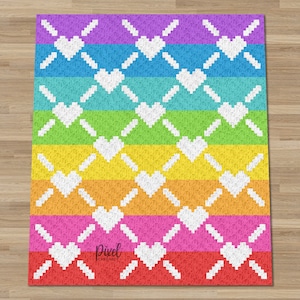 Couverture au crochet, coeurs et arcs-en-ciel de C2C | écrite et graphique | Téléchargement instantané du PDF