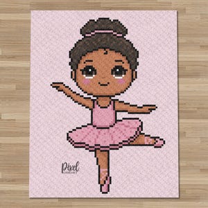 May include: A pixel art pattern featuring a ballerina with dark brown hair in a bun, wearing a pink leotard and tutu. The character has large dark eyes and rosy cheeks, set against a light pink background. The text Pixel Crochet is visible.
