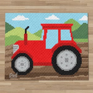 May include: A pixelated crochet design featuring a red tractor with black tires and gray wheels. The tractor is set against a blue sky with white clouds and green hills. The design is on a brown background.