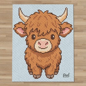 May include: A rectangular wall hanging featuring a pixel art illustration of a brown Highland cow with curved tan horns, dark eyes, and a light pink muzzle. The cow is set against a light blue background with the text Pixel Crochet in the corner.