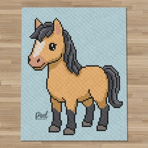 May include: A pixel art style crochet pattern featuring a tan horse with a dark gray mane, tail, and lower legs, standing against a light blue background. The horse has a white blaze on its face. The text Pixel Crochet is visible in the corner.