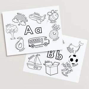 Peut inclure: Pages à colorier imprimables en noir et blanc mettant en scène les lettres A et B avec différents objets commençant par chaque lettre. Les objets comprennent un avion, une abeille, un ananas, un avocat, un bus, un bateau, une boîte, une baleine, un ballon de football et des bonbons.
