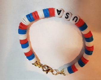 USA red, white, and blue clay bead bracelet.