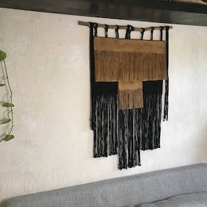 PALENQUE. Wall hanging.  Textile Art. Cotton and macrame. Bark amate paper art. Boho art home decor. Mural art. Mexican hand made art.