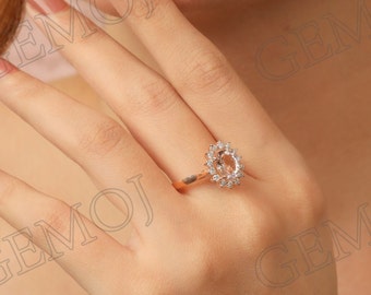 Oval Morganite Engagement Ring, Rose Gold Silver Sunburst Halo Ring, Lab Created Morganite Wedding Band, Vintage Style Promise Ring for Her
