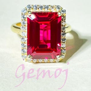8Ct Emerald Cut Lab Ruby Ring: Yellow Gold Statement Ring