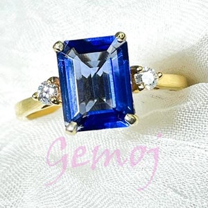 Emerald Cut Lab Sapphire Ring: Yellow Gold, Diamond Accent