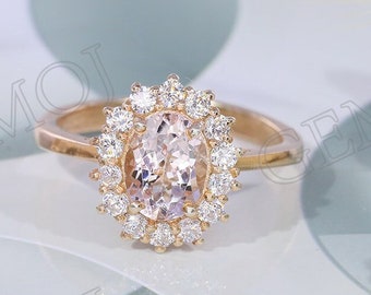 14k Morganite Ring, Oval Cut Vintage Engagement Ring,Promise Ring , women wedding statement ring, oval diamond setting silver ring