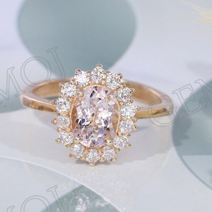Oval Morganite Engagement Ring: 14K Rose Gold, Simulated Diamond Halo