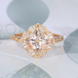 Anillo de morganita de talla cojín, anillo de compromiso de morganita de oro rosa, anillo de propuesta de morganita, anillo de bodas de oro rosa de 10 quilates, anillo Art Deco
