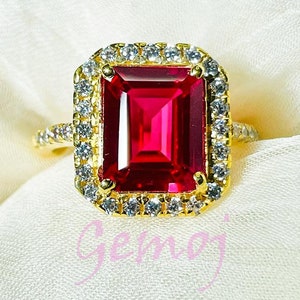 Emerald Cut Lab Ruby Ring: Yellow Gold, Simulated Diamond Accents
