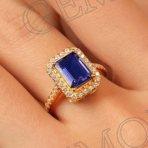 Emerald Cut Lab Sapphire Ring: Solid Gold Statement Ring