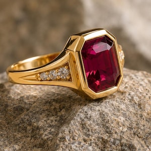 Pode incluir: Um anel de ouro com uma grande pedra preciosa retangular, vermelho escuro. O anel tem uma banda grossa e é adornado com pequenas pedras preciosas transparentes nas laterais. O anel está sobre uma superfície rochosa cinza texturizada.