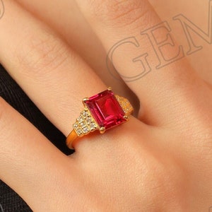 Emerald Cut Lab Ruby Ring: 18K Gold Plated Anniversary Ring